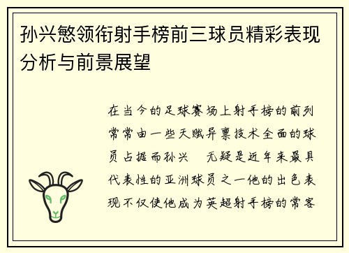 孙兴慜领衔射手榜前三球员精彩表现分析与前景展望
